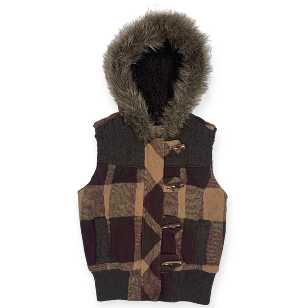BKE Women's Wool Hooded Vest Size Small Plaid